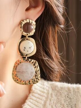 Zara Gold-Tone Drop Earrings with Cream, Brown, and Soft Pink Accents